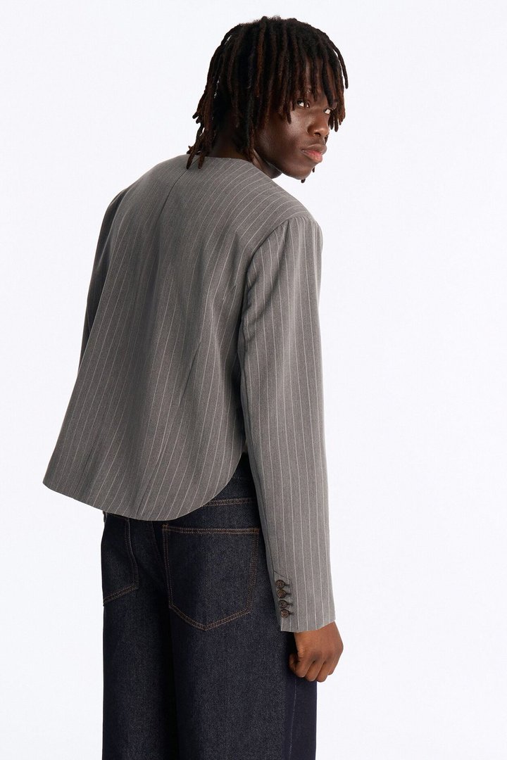 Boxy Cropped Pin Striped Cut Out Blazer - Light Grey