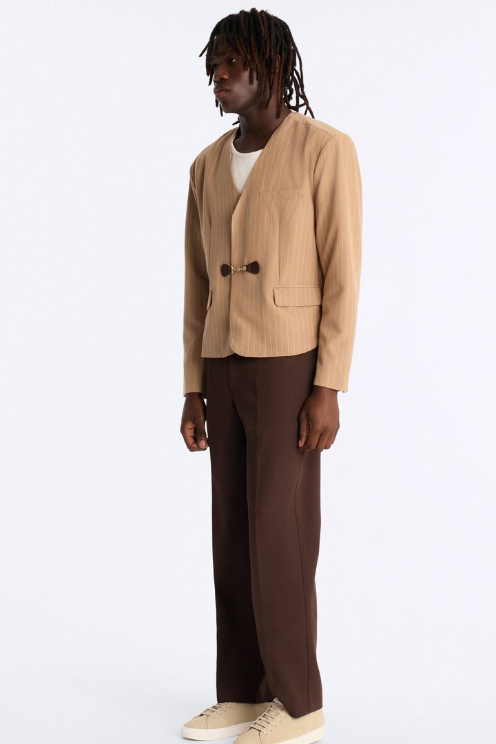 Boxy Cropped Pin Striped Cut Out Blazer - Tan