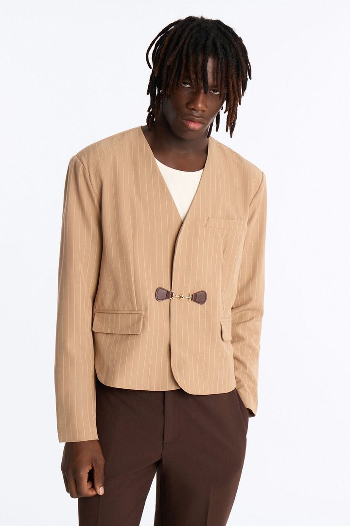 Boxy Cropped Pin Striped Cut Out Blazer - Tan