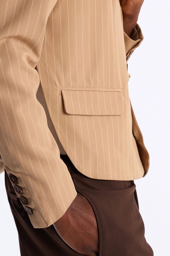 Boxy Cropped Pin Striped Cut Out Blazer - Tan