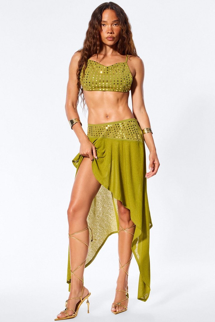 Sun Rebel Studded Midi Skirt Set - Green