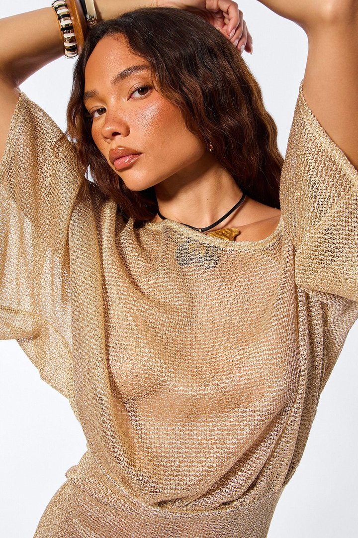 Bronzed Babe Metallic Crochet Off Shoulder Mini Dress - Gold