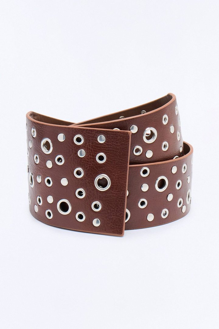 Outlaw Grommet Faux Leather Wide Belt - Brown