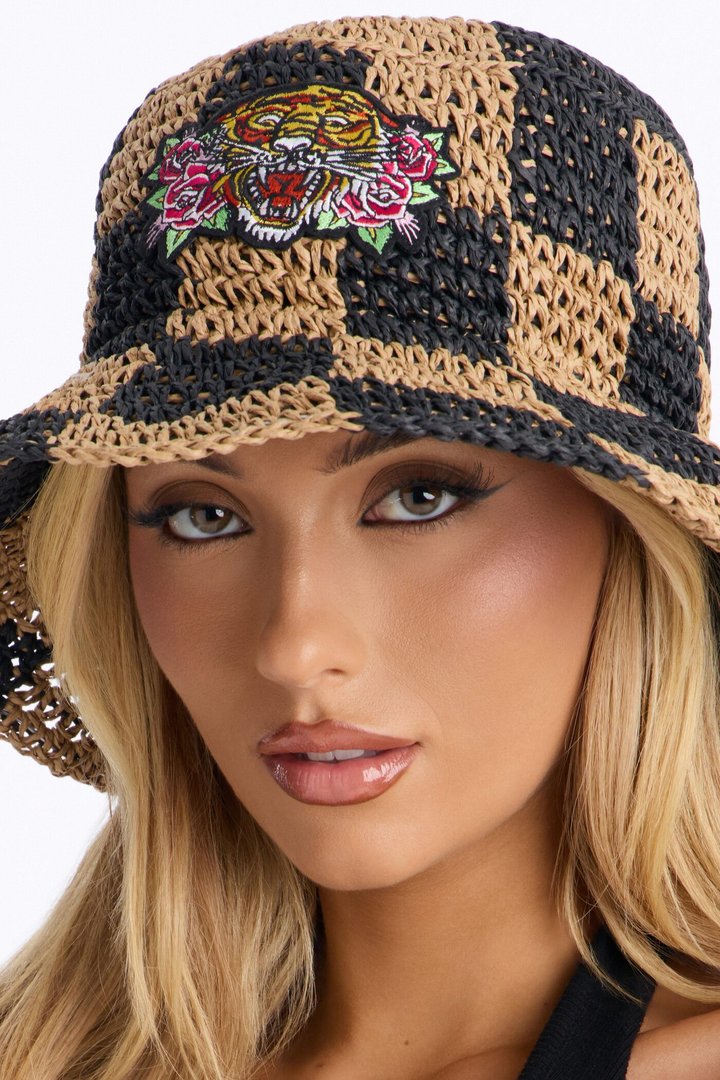 Tiger On Check Ed Hardy Straw Bucket Hat - Natural/Combo