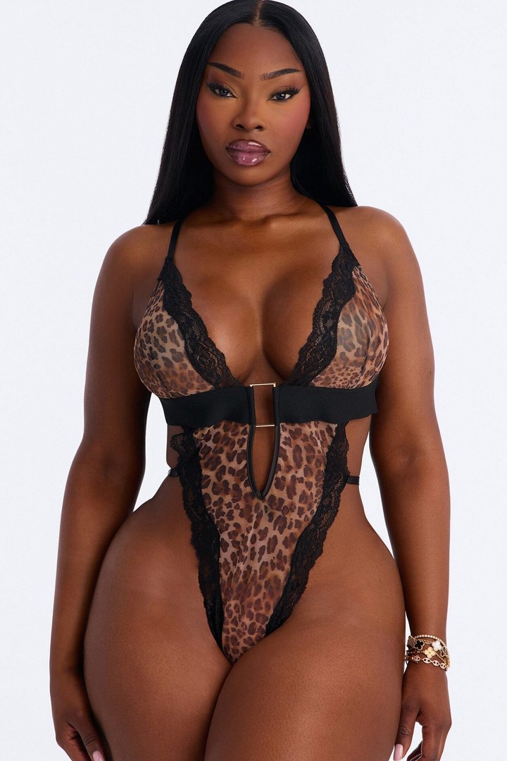 Fierce Desire Leopard Lace Trim Deep V-Neck Thong Teddy - Leopard