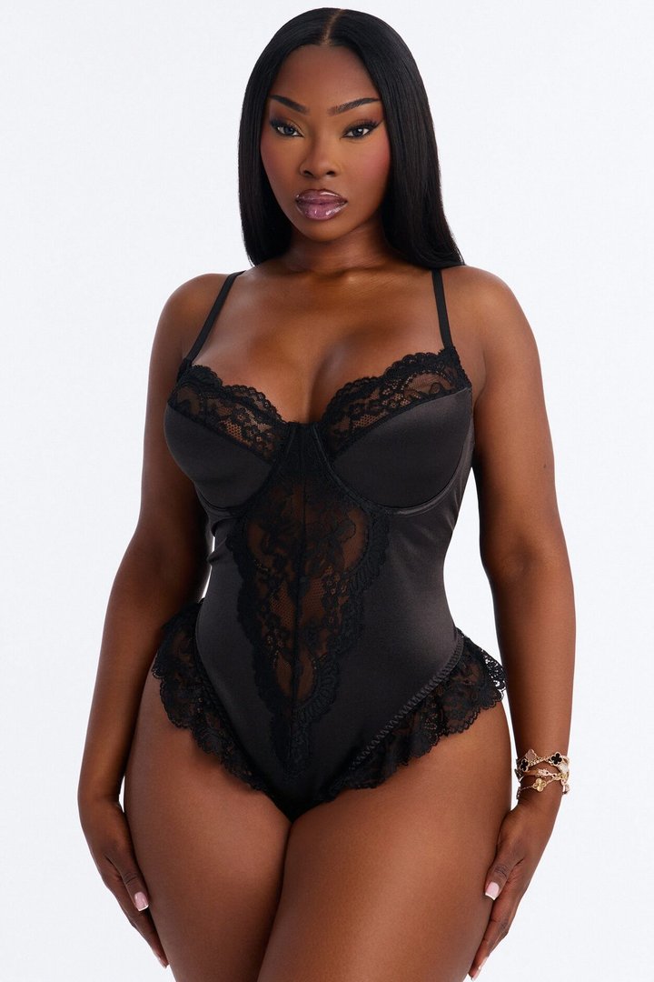 Carla Satin Lace Trim Underwire Teddy - Black