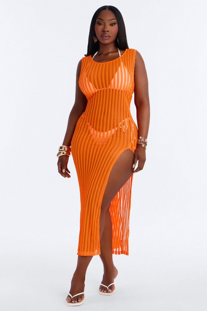 Island Breeze Mesh Slit Cover Up Maxi Dress - Orange