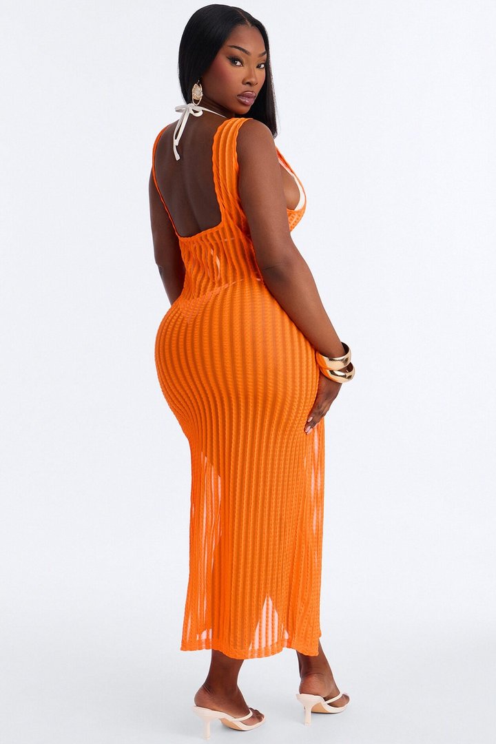 Island Breeze Mesh Slit Cover Up Maxi Dress - Orange