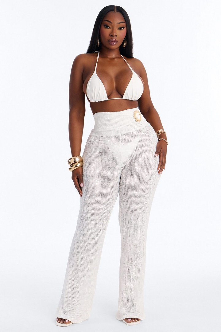 Ocean Breeze Knit Raffia Ring Cover Up Pants - White