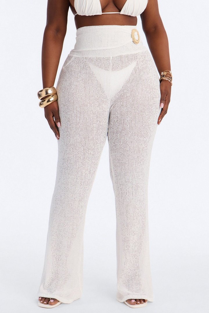 Ocean Breeze Knit Raffia Ring Cover Up Pants - White
