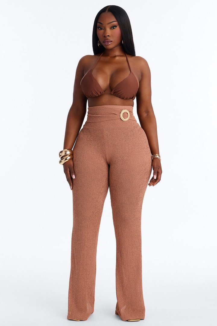 Ocean Breeze Knit Raffia Ring Cover Up Pants - Mocha