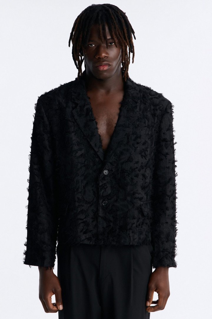 Boxy Cropped Kelpstone Textured Blazer - Black