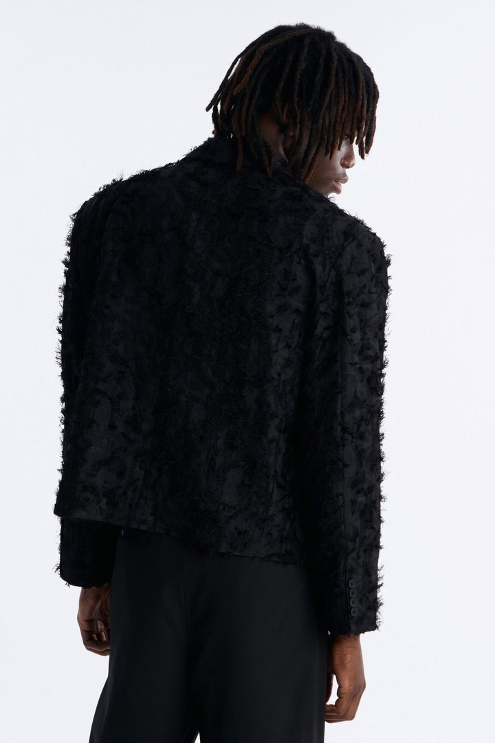 Boxy Cropped Kelpstone Textured Blazer - Black