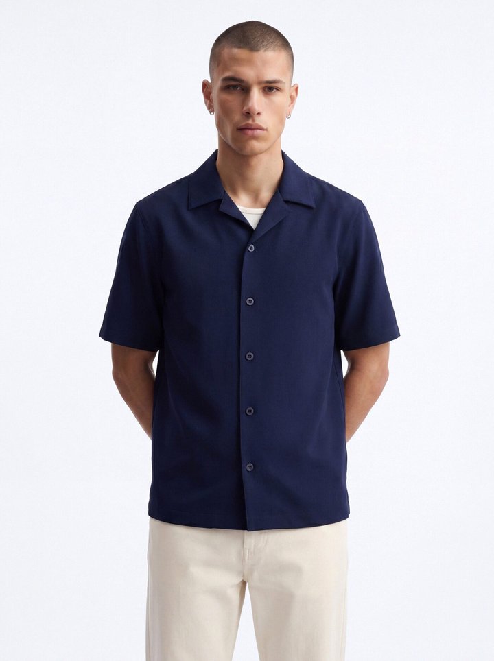 Modern Essential Sleeve Cuban Collar Button Down - Navy
