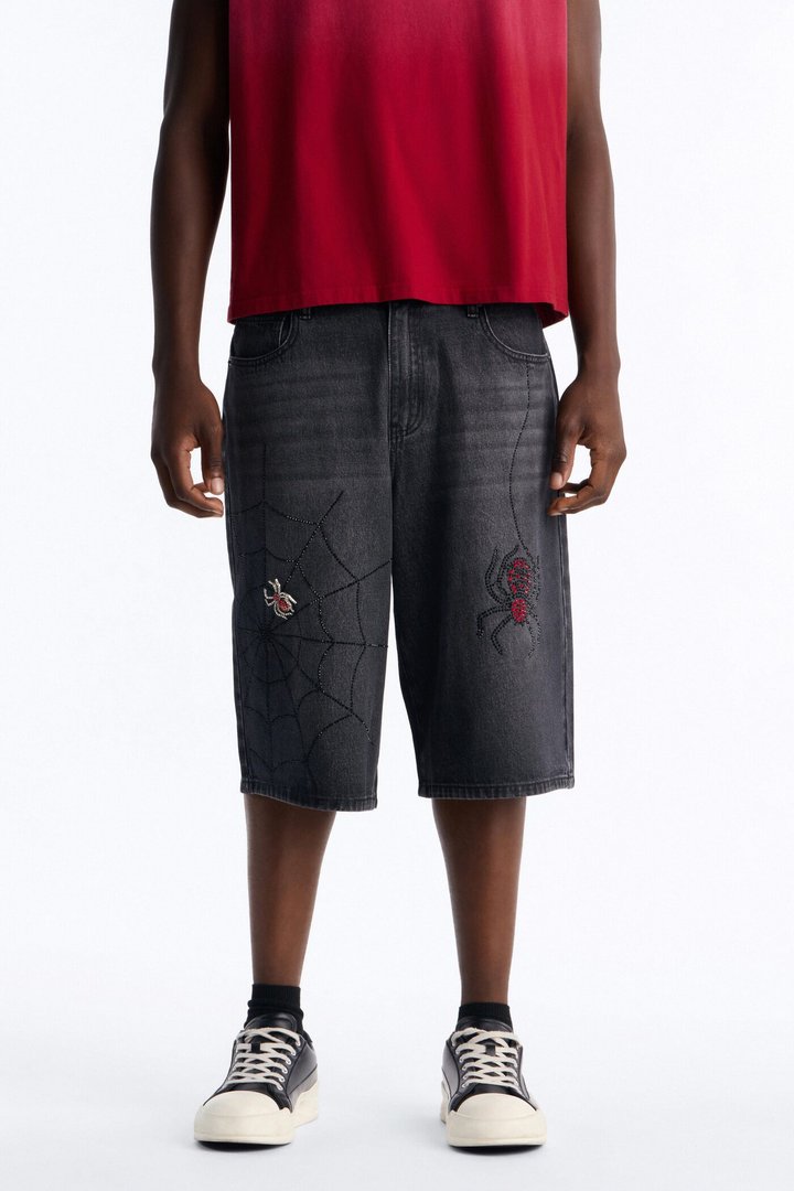 Baggy Black Widow Jeweled Denim Short - Black Wash