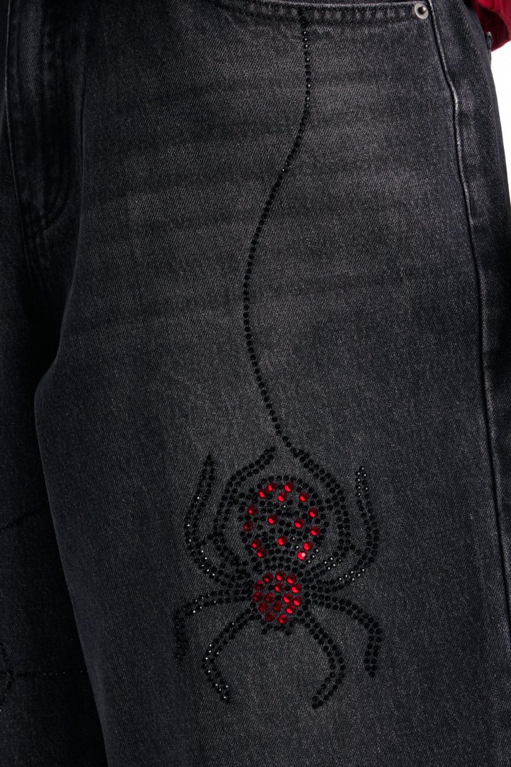 Baggy Black Widow Jeweled Denim Short - Black Wash