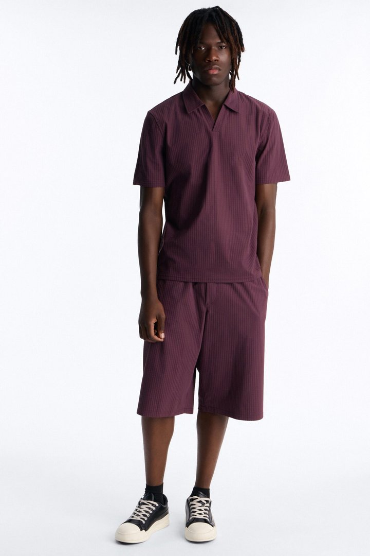 Terrance Textured Stripe Johnny Collar Polo - Wine
