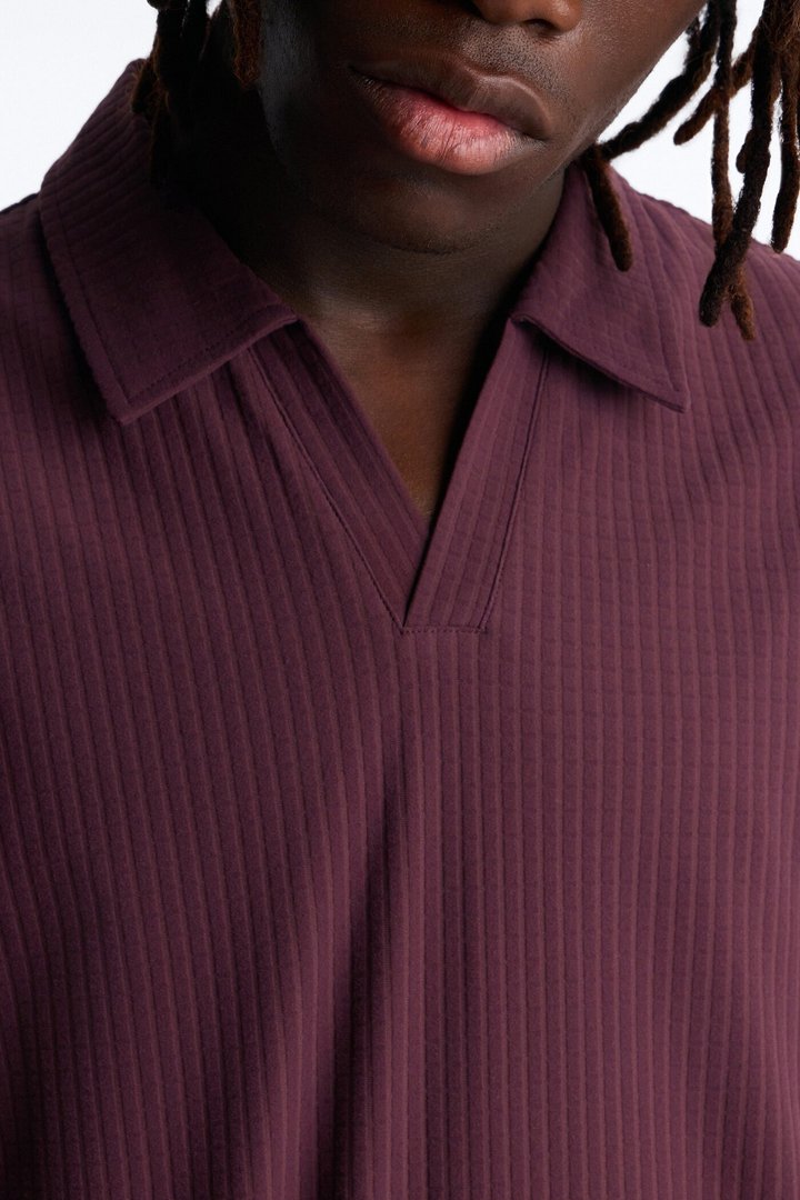 Terrance Textured Stripe Johnny Collar Polo - Wine