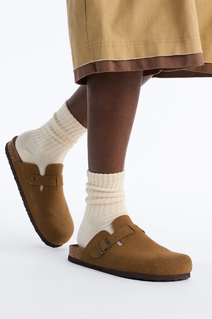 Buckled Cut Out Suede Slip On Mule - Brown