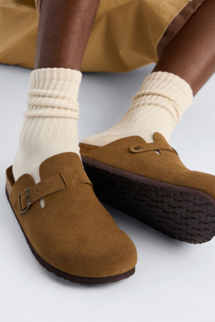 Buckled Cut Out Suede Slip On Mule - Brown