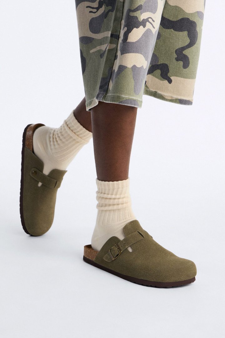 Buckled Cut Out Suede Slip On Mule - Green