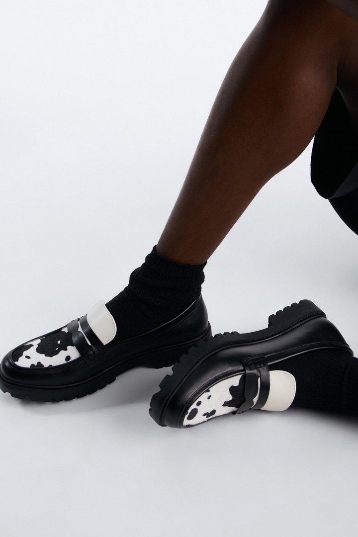 Faux Leather Cow Print Penny Strap Chunky Loafer - Black/White