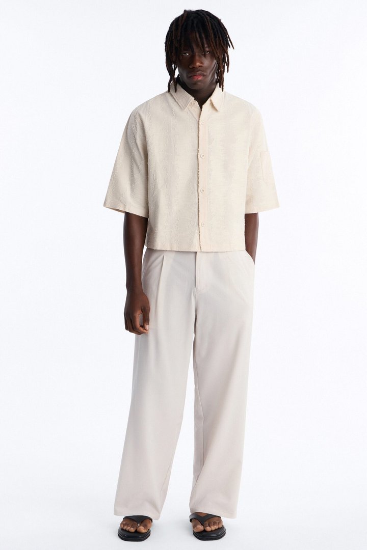 Wide Leg Textured Seersucker Trouser - Tan