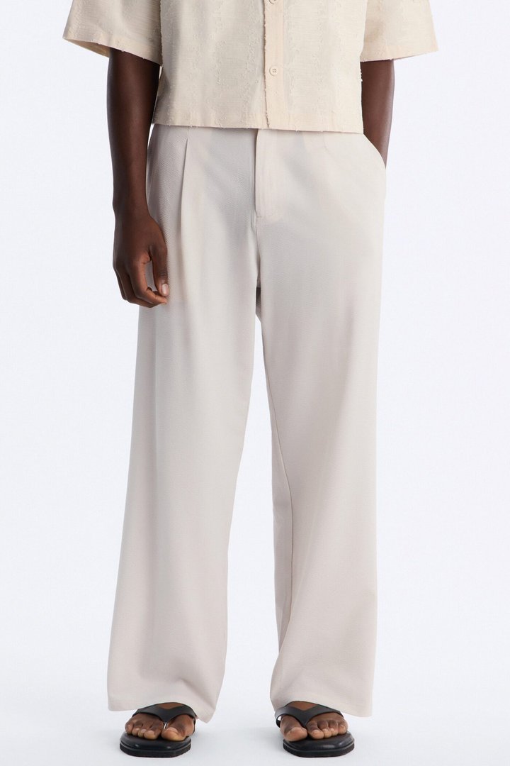 Wide Leg Textured Seersucker Trouser - Tan