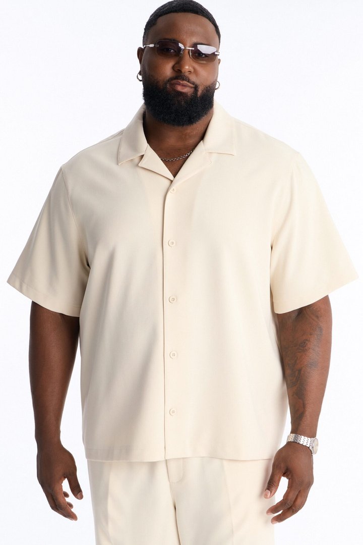 Modern Essential Sleeve Cuban Collar Button Down - Beige