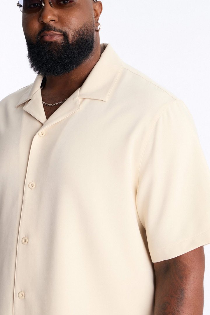 Modern Essential Sleeve Cuban Collar Button Down - Beige