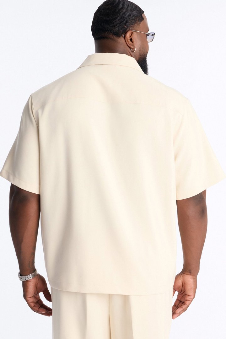 Modern Essential Sleeve Cuban Collar Button Down - Beige