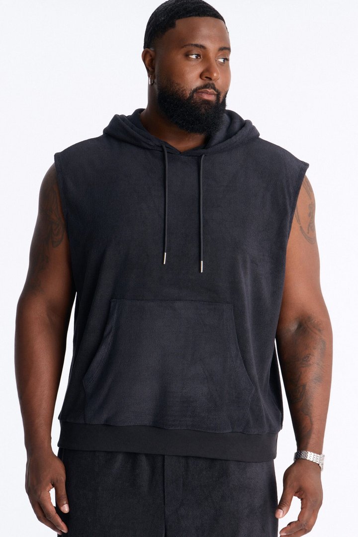 Classic Terry Cloth Sleeveless Hoodie - Black