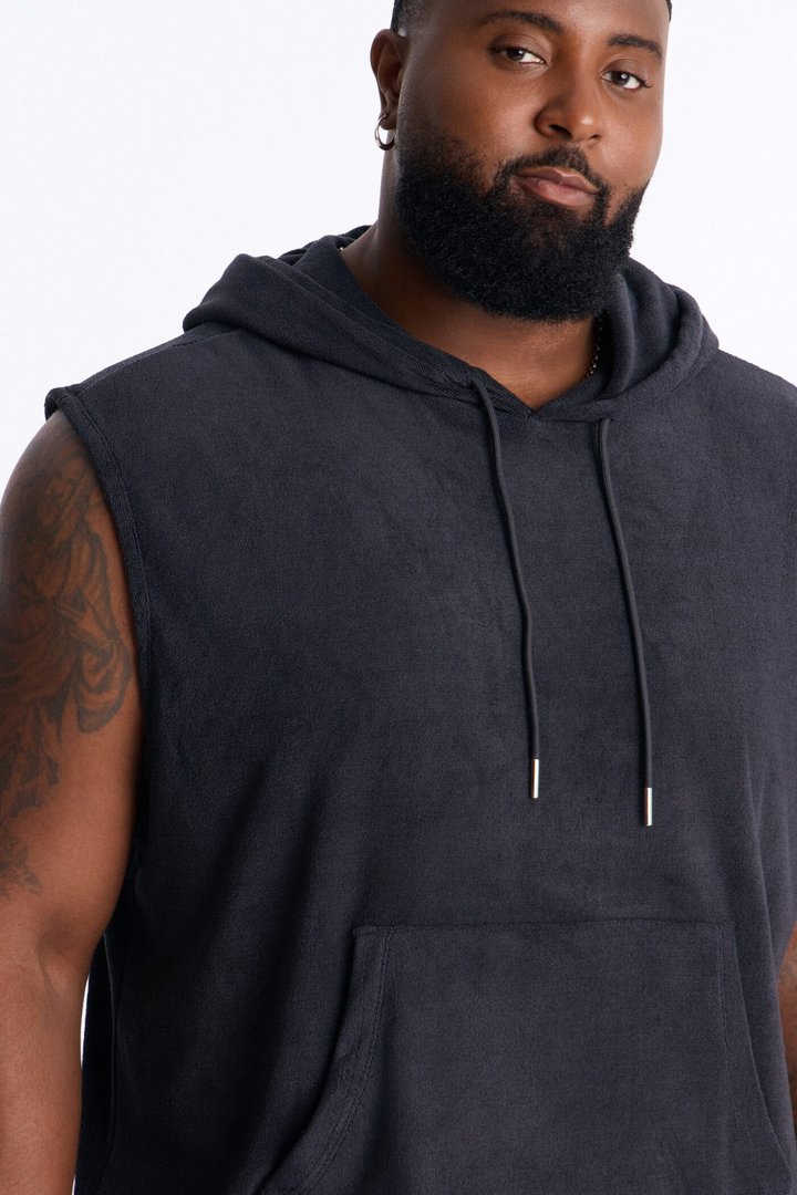 Classic Terry Cloth Sleeveless Hoodie - Black