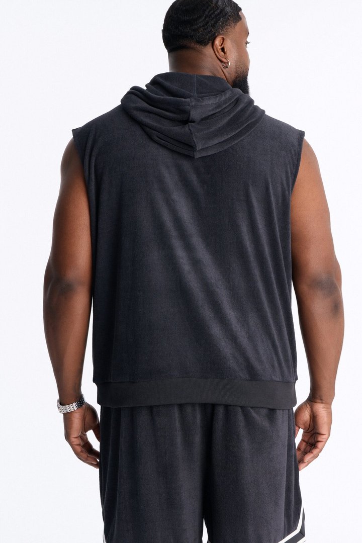 Classic Terry Cloth Sleeveless Hoodie - Black