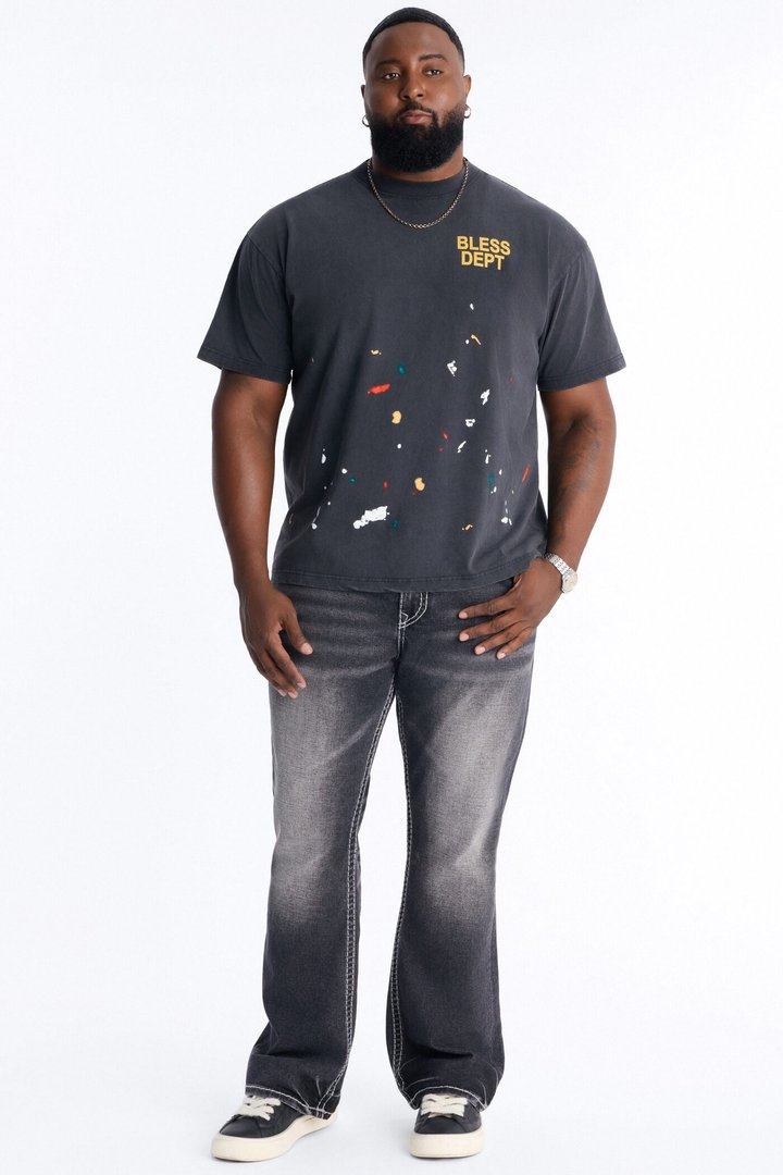 Heavy Stitch Back Flap Stacked Slim Flare Jean - Black Wash