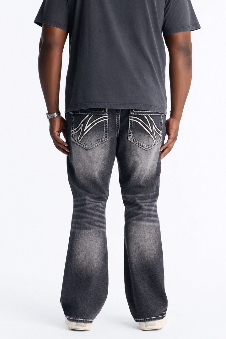 Heavy Stitch Back Flap Stacked Slim Flare Jean - Black Wash