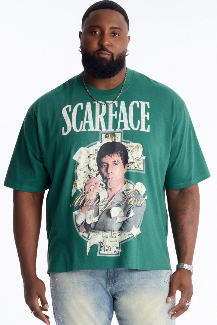 Heavy Weight Scarface Money First Rhinestones Oversized Short Sleeve Tee - Hunter Green