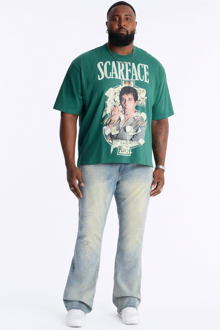 Heavy Weight Scarface Money First Rhinestones Oversized Short Sleeve Tee - Hunter Green