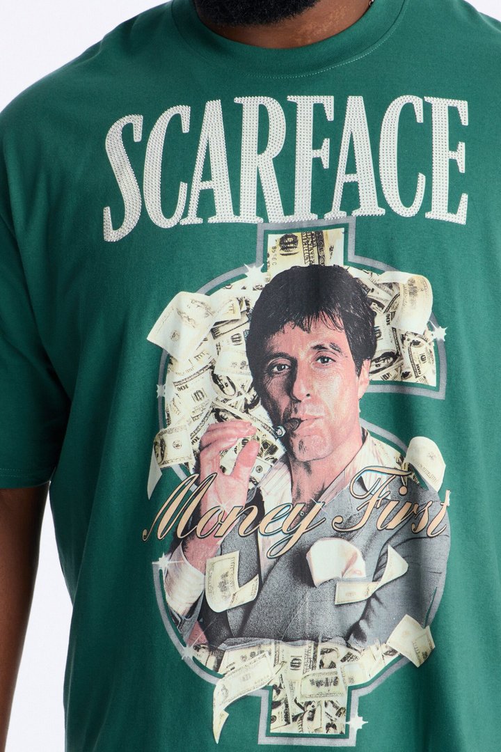 Heavy Weight Scarface Money First Rhinestones Oversized Short Sleeve Tee - Hunter Green