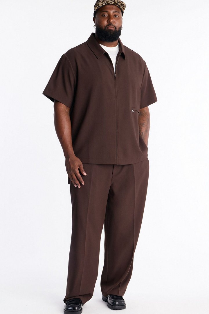 Modern Essential Short Sleeve Zip Collar Shirt - Chocolate