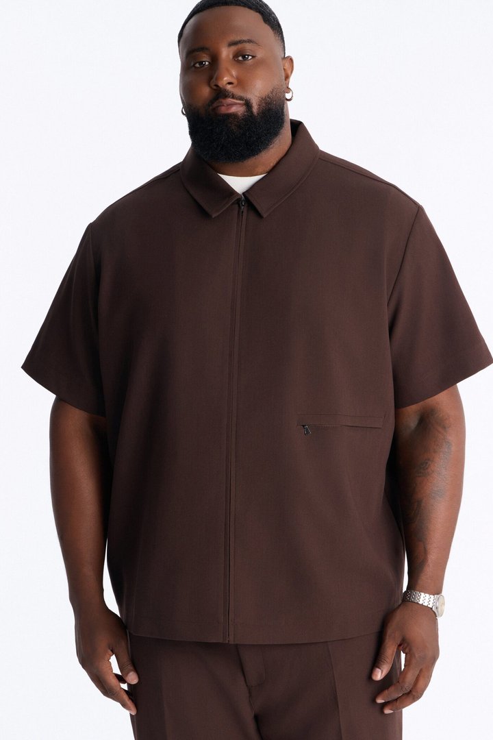 Modern Essential Short Sleeve Zip Collar Shirt - Chocolate