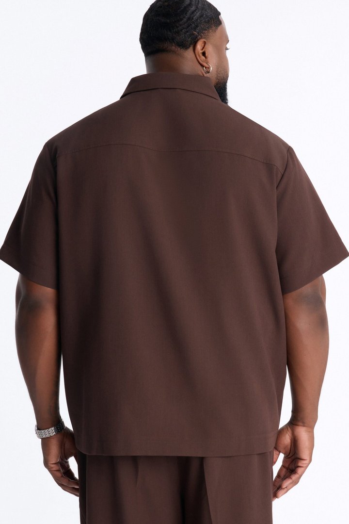 Modern Essential Short Sleeve Zip Collar Shirt - Chocolate