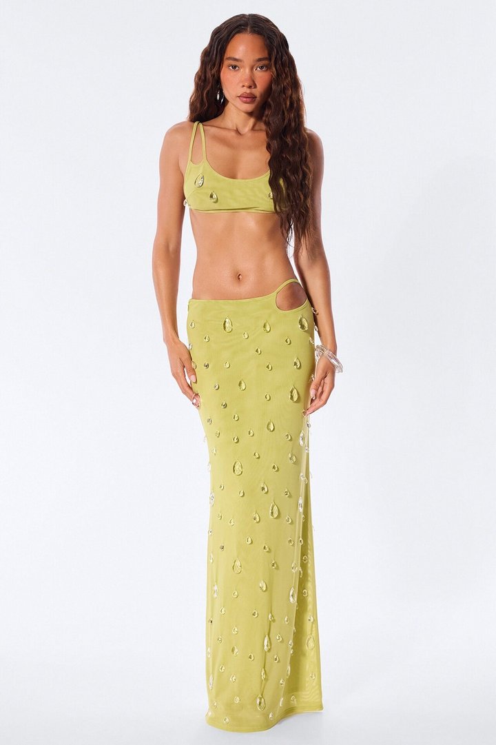 Spotlight Raindrop Bead Mesh Maxi Skirt Set - Chartreuse