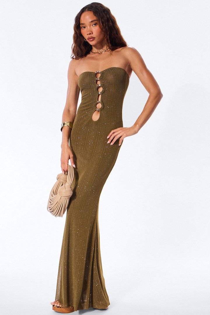Dazzle Metallic Knit Maxi Dress - Olive