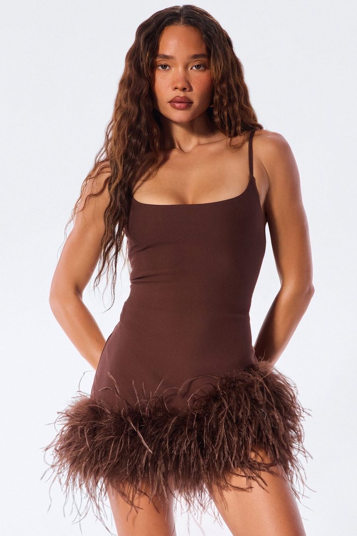 Feather Temptation Mini Dress - Chocolate