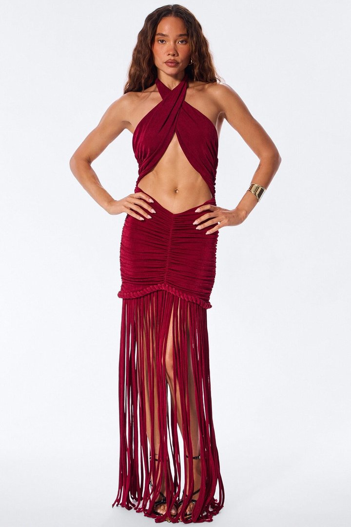 Sol Slinky Fringe Maxi Dress - Wine