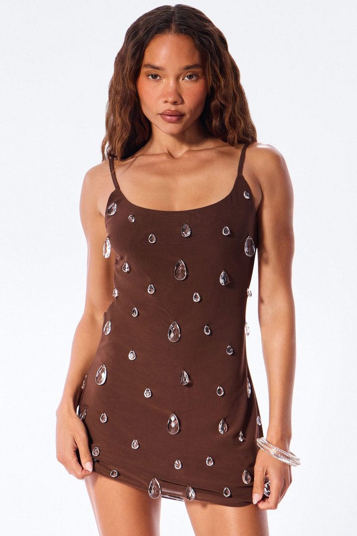 Spotlight Raindrop Bead Mesh Mini Dress - Chocolate