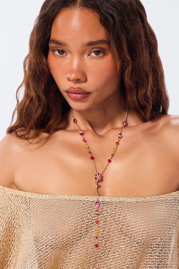 Camellia Glow Lariat Necklace - Gold/Pink