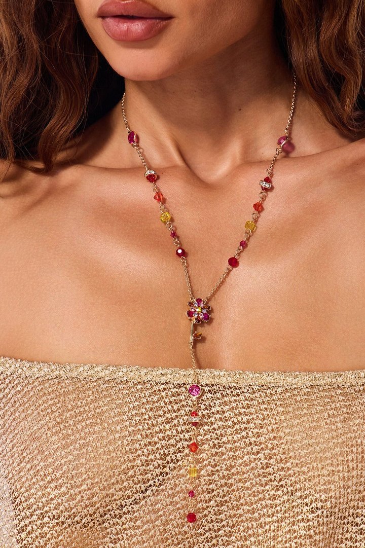 Camellia Glow Lariat Necklace - Gold/Pink