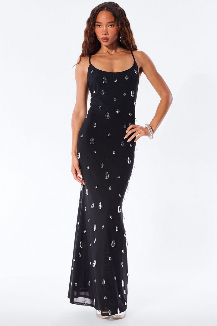 Spotlight Raindrop Bead Mesh Maxi Dress - Black